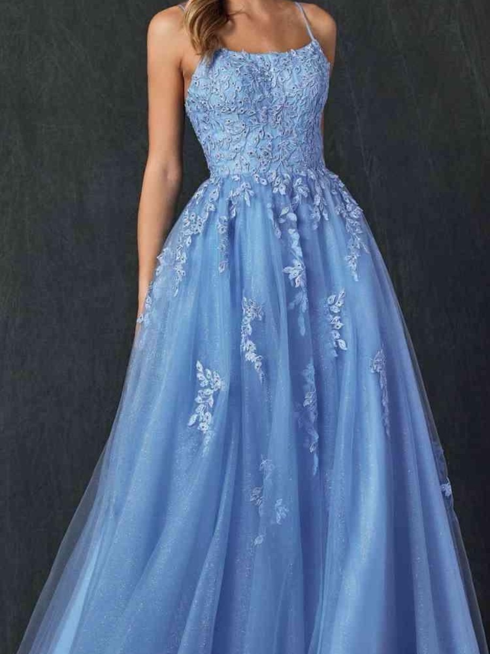 Juliet Blue Spaghetti-Strap Embroidered Tulle Evening Dress or Prom Gown